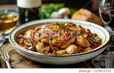 A close-up of a Moroccan chicken tagine with green olives and garnish. Generate AI 123612352