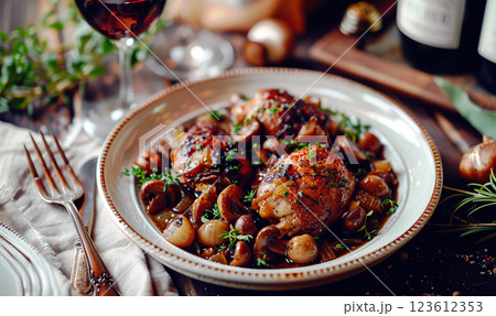 A close-up of a Moroccan chicken tagine with green olives and garnish. Generate AI 123612353