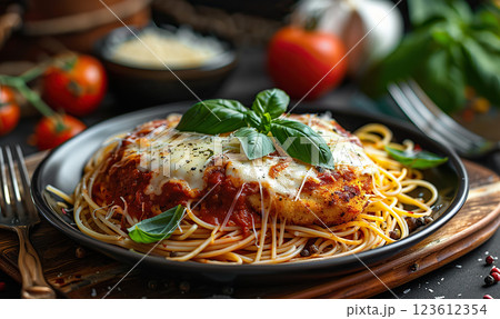 A sumptuous plate of chicken parmesan topped with cheese and basil on spaghetti with tomatoes and basil in the background. Generate Ai 123612354