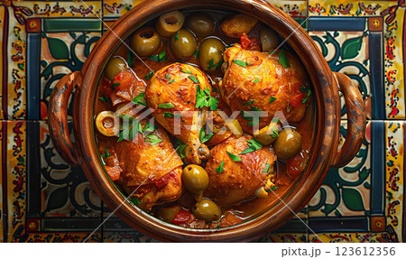 A close-up of a Moroccan chicken tagine with green olives and garnish. Generate AI 123612356