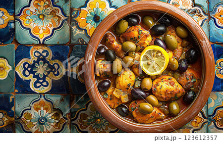 A close-up of a Moroccan chicken tagine with green olives and garnish. Generate AI 123612357