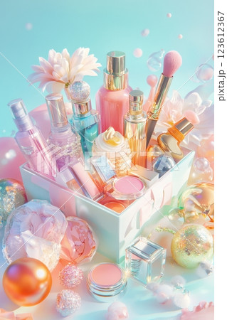 Luxurious pastel colored gift box overflowing with beauty products Luxurious pastel colored gift box overflowing with beauty products 123612367