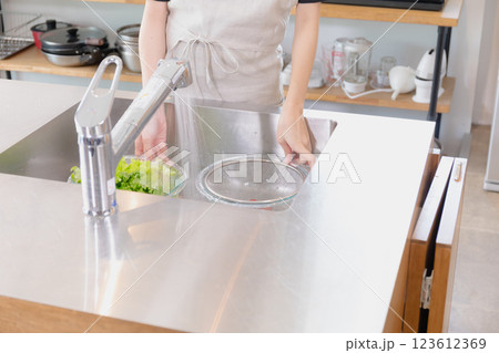 キッチンで野菜を洗う若い女性 123612369