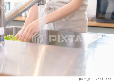 キッチンで野菜を洗う若い女性 123612372