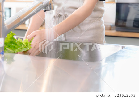 キッチンで野菜を洗う若い女性 キッチンで野菜を洗う若い女性 123612373