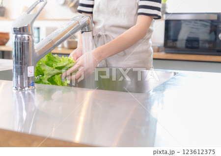 キッチンで野菜を洗う若い女性 キッチンで野菜を洗う若い女性 123612375