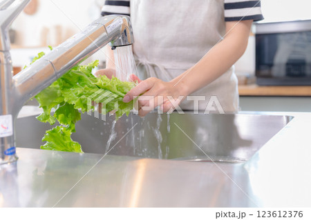 キッチンで野菜を洗う若い女性 123612376