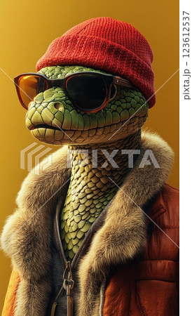 Stylish green snake wearing sunglasses and red beanie hat with fur coat 123612537
