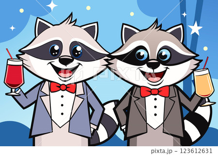 Two respectable raccoons in tailcoats at a cocktail party event Two respectable raccoons in tailcoats at a cocktail party event 123612631