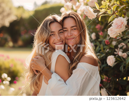Joyful mother and daughter embracing in a blooming spring garden for mother's day 123612642