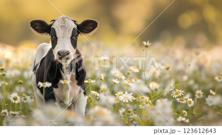 Captivating black and white calf gazing at the camera amidst colorful daisies 123612643