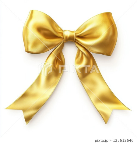Hyper-realistic gold satin bow with a perfect knot and flowing tails, showcasing smooth fabric texture and stunning light reflections. Ideal for luxury designs and gift decorations. 123612646
