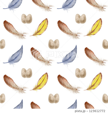 Easter seamless pattern,watercolor feathers in brown,yellow,blue and speckled beige quail eggs.Soft pastel tones,hand-painted design on transparent background for holiday,wrapping,textiles,festive 123612772