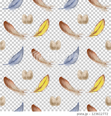 Easter seamless pattern,watercolor feathers in brown,yellow,blue and speckled beige quail eggs.Soft pastel tones,hand-painted design on transparent background for holiday,wrapping,textiles,festive 123612772