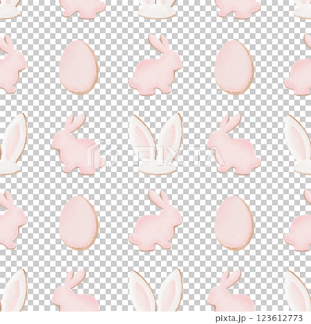 Easter seamless pattern,gingerbread cookies with icing,rabbits,eggs,rabbits ears in pastel colors.Delicate watercolor pattern on transparent background for holiday,cards,wrapping,textiles Easter seamless pattern,gingerbread cookies with icing,rabbits,eggs,rabbits ears in pastel colors.Delicate watercolor pattern on transparent background for holiday,cards,wrapping,textiles 123612773