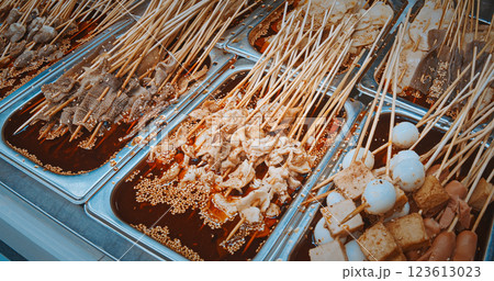 Chengdu, Sichuan, China. Beef Tripe On Skewers. Tripe Is Type Of Edible Lining From The Stomachs Of Various Farm Animals. Tripe Is Eaten In Many Parts Of The World. Tripe Soup Is Made In Many 123613023