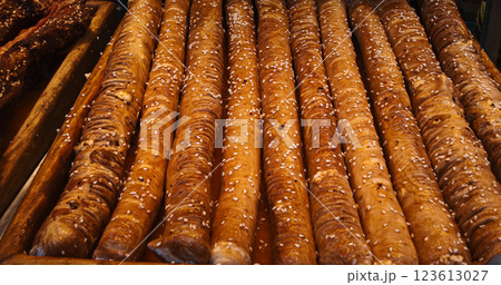 Chengdu, Sichuan, China. Fried Pork Intestines Stuffed With Onions. Traditional Chinese Meat Snacks. Chinese Street Food. Street Barbecue. Asian Street Food. Asian Cuisine. gastronomic tourism 123613027