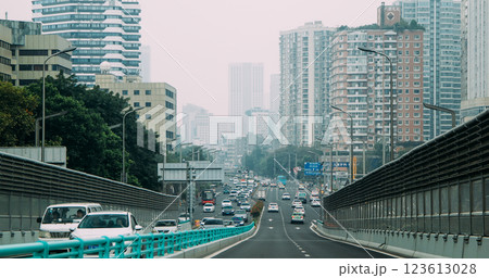 Chengdu, Sichuan, China. Smog Over City. High-rise Houses Elevated View Cityscape Skyline On Background. Urban Residential Areas. Real Estate, Development Industry. Heavy Car Traffic Chengdu, Sichuan, China. Smog Over City. High-rise Houses Elevated View Cityscape Skyline On Background. Urban Residential Areas. Real Estate, Development Industry. Heavy Car Traffic 123613028