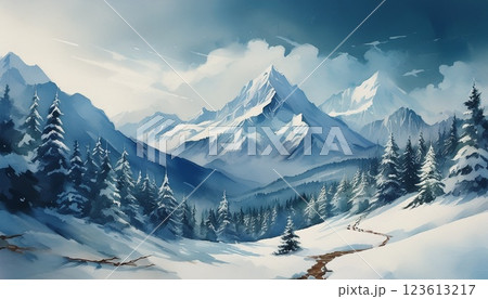 水彩画風の雪山 123613217
