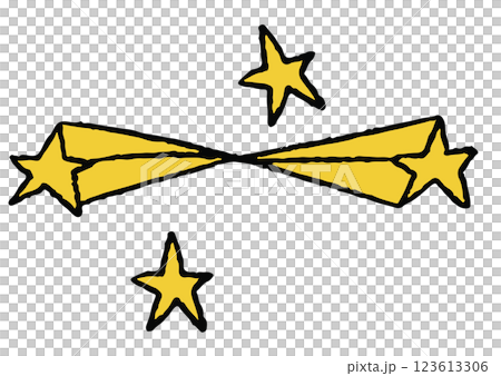 Hand drawn crayon illustration of yellow shooting stars for sticker, kid drawing style, art, tattoo, spring, summer, decoration, patch, brooch, shirt print, sign, symbol, emoji, night time 123613306