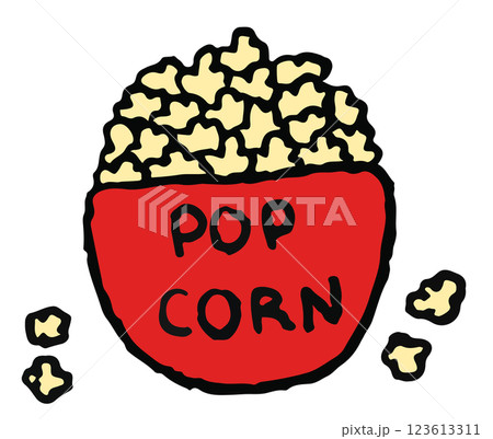Hand drawn crayon illustration of popcorn for movie night, grocery shopping, supermarket, market, mart, cute patch, shirt print, brooch, back to school, vegan snack, online shopping, icon, decorations 123613311