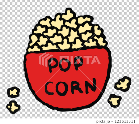 Hand drawn crayon illustration of popcorn for movie night, grocery shopping, supermarket, market, mart, cute patch, shirt print, brooch, back to school, vegan snack, online shopping, icon, decorations 123613311
