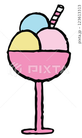 Hand drawn crayon illustration of sundae ice cream for sweet dessert, cafe, restaurant, menu, recipe, baking book, stickers, food, snack, shop, kids and children, brunch, cuisine, icon, logo 123613313