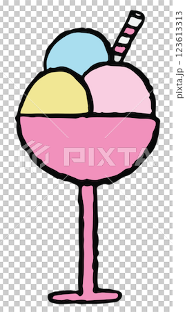 Hand drawn crayon illustration of sundae ice cream for sweet dessert, cafe, restaurant, menu, recipe, baking book, stickers, food, snack, shop, kids and children, brunch, cuisine, icon, logo 123613313