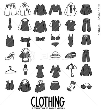 Clothes Related Doodle vector icon set. Drawing sketch illustration hand drawn line eps10 123613326