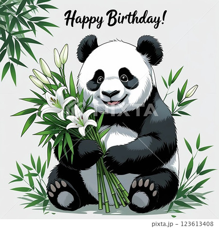 Happy Birthday! Cute Panda with Flowers.  123613408