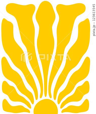 Wavy yellow rays. Sunburst, sunrise or sunset vertical poster. Groovy happy hippie sun background. Summer theme wallpaper. Modern psychedelic print. Positive vibes design. Vector flat illustration 123613545