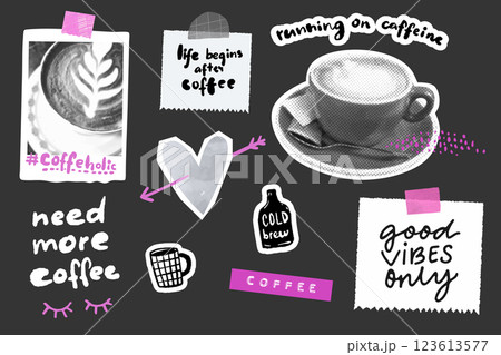 Coffee collage board, halftone cappucino cup, instant photo taped on wall, funny handwritten quotes and text. Cafe sticker set Coffee collage board, halftone cappucino cup, instant photo taped on wall, funny handwritten quotes and text. Cafe sticker set 123613577