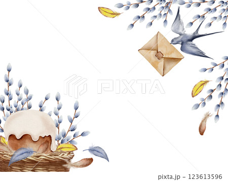 Easter card template with wicker basket, Easter cake,willow branches,feathers,swallow bird with vintage news envelope and sealing wax seal.Hand-drawn watercolor illustration on transparent background 123613596