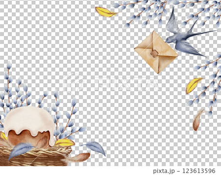 Easter card template with wicker basket, Easter cake,willow branches,feathers,swallow bird with vintage news envelope and sealing wax seal.Hand-drawn watercolor illustration on transparent background Easter card template with wicker basket, Easter cake,willow branches,feathers,swallow bird with vintage news envelope and sealing wax seal.Hand-drawn watercolor illustration on transparent background 123613596