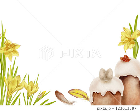 Easter template,watercolor daffodils,crocuses,Easter cakes,almonds,quail eggs,yellow and brown feathers.Soft pastel tones,hand-painted design on transparent background for holiday,cards,festive Easter template,watercolor daffodils,crocuses,Easter cakes,almonds,quail eggs,yellow and brown feathers.Soft pastel tones,hand-painted design on transparent background for holiday,cards,festive 123613597