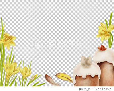 Easter template,watercolor daffodils,crocuses,Easter cakes,almonds,quail eggs,yellow and brown feathers.Soft pastel tones,hand-painted design on transparent background for holiday,cards,festive 123613597