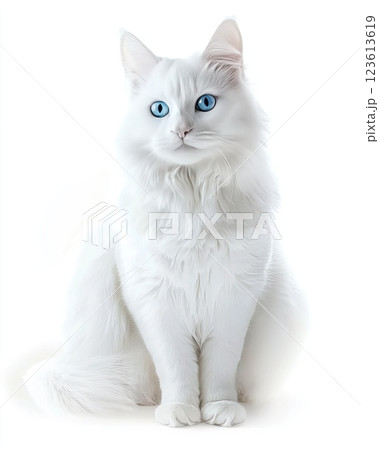Fluffy white cat with striking blue eyes sitting gracefully on a light background Fluffy white cat with striking blue eyes sitting gracefully on a light background 123613619