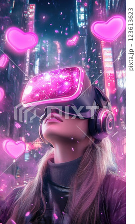 Virtual reality experience with vibrant visual effects in a bustling urban environment 123613623