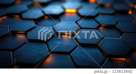 Hexagonal patterns create a dynamic visual with contrasting colors and textures in a modern design setting 123613692