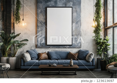 Modern living room design with a large blank canvas and minimalist decor in a stylish urban setting 123613697