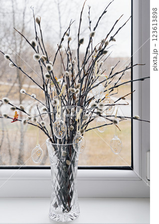 Willow Sunday arrangement in crystal vase celebrates peaceful spring devotion, willow branches highlighting seasonal reverence, willow essence reflecting cherished holiday orthodox tradition Willow Sunday arrangement in crystal vase celebrates peaceful spring devotion, willow branches highlighting seasonal reverence, willow essence reflecting cherished holiday orthodox tradition 123613898