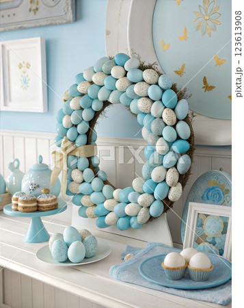 Blue Easter Wreath with Painted Eggs. Easter celebration concept Blue Easter Wreath with Painted Eggs. Easter celebration concept 123613908