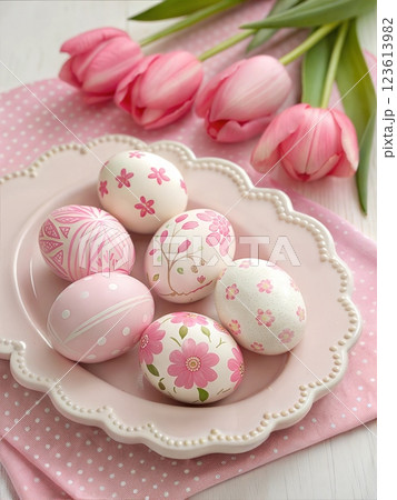 Pink and White Easter Eggs with Tulips on Plate on Pink Background. Easter concept 123613982