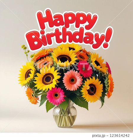 Happy Birthday floral bouquet with sunflowers and gerbera daisies in glass vase.  Happy Birthday floral bouquet with sunflowers and gerbera daisies in glass vase.  123614242
