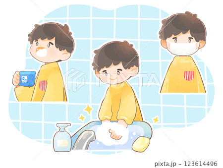 手洗いうがいとマスクをする子供のイラストセット 白フチあり 手洗いうがいとマスクをする子供のイラストセット 白フチあり 123614496