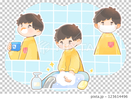 手洗いうがいとマスクをする子供のイラストセット 白フチあり 手洗いうがいとマスクをする子供のイラストセット 白フチあり 123614496