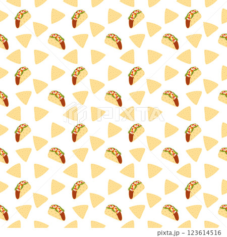 Triangular Nacho chips Meat and vegetables filled Taco Seamless Pattern Mexican Food background idea Triangular Nacho chips Meat and vegetables filled Taco Seamless Pattern Mexican Food background idea 123614516