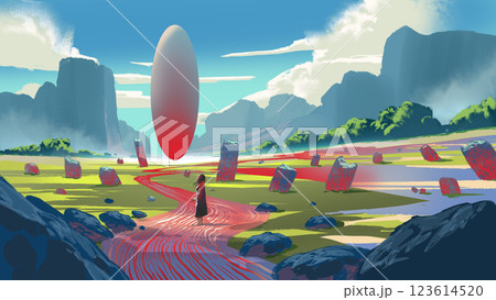 Mysterious Floating Oval in a Vibrant Fantasy Landscape 123614520