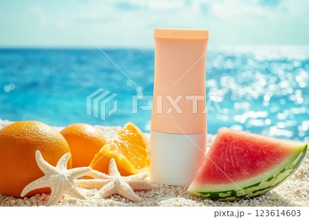 Front view of an unlabeled tube of sunscreen, next to starfish, oranges and fresh watermelon. The scene behind simulates the blue sea. Sunscreen advertisement. 123614603