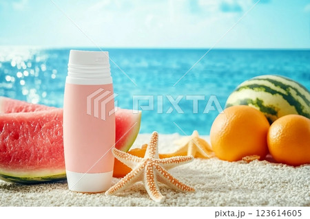 Front view of an unlabeled tube of sunscreen, next to starfish, oranges and fresh watermelon. The scene behind simulates the blue sea. Sunscreen advertisement. 123614605